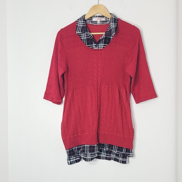 Le Grenier Red Knit Sweater Black White Plaid Collar 3/4 Sleeve Pullover Large - Picture 1 of 13